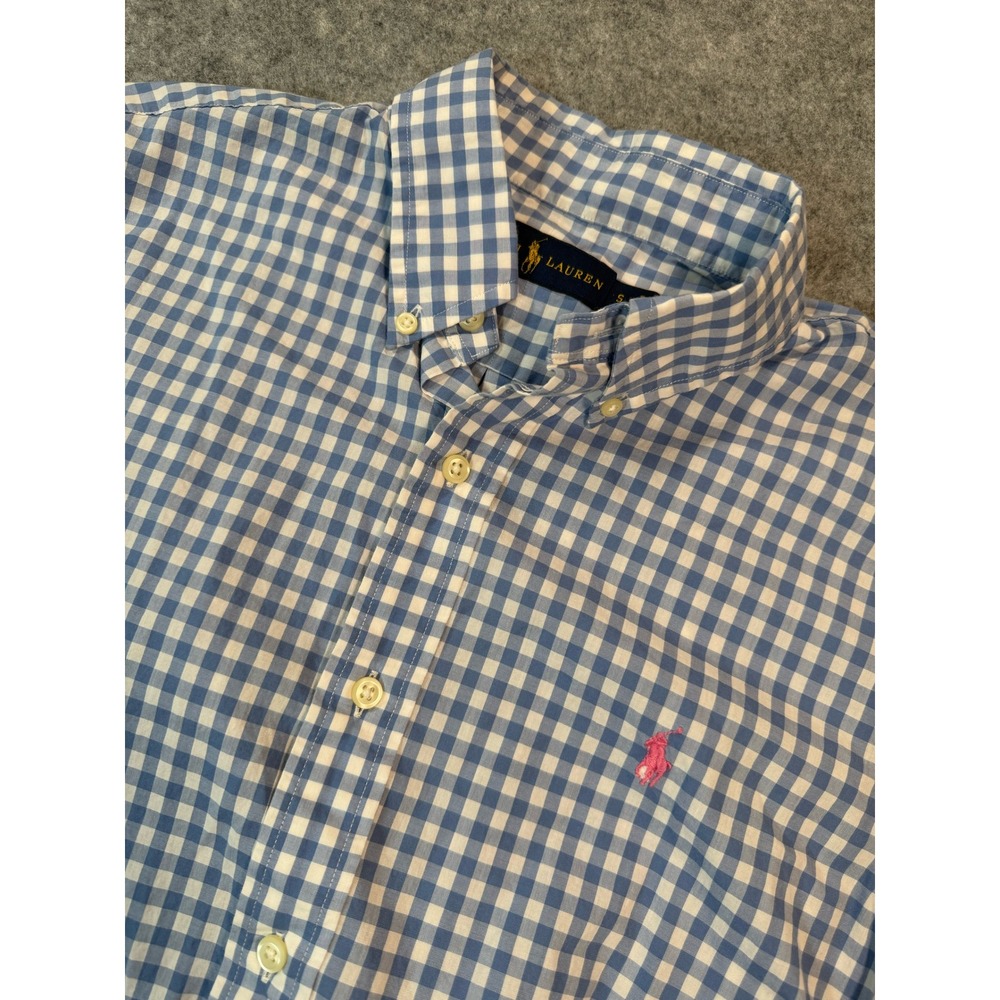 Ralph Lauren Mens Gingham Short‎ Sleeve Button Down Shirt Blue White Small